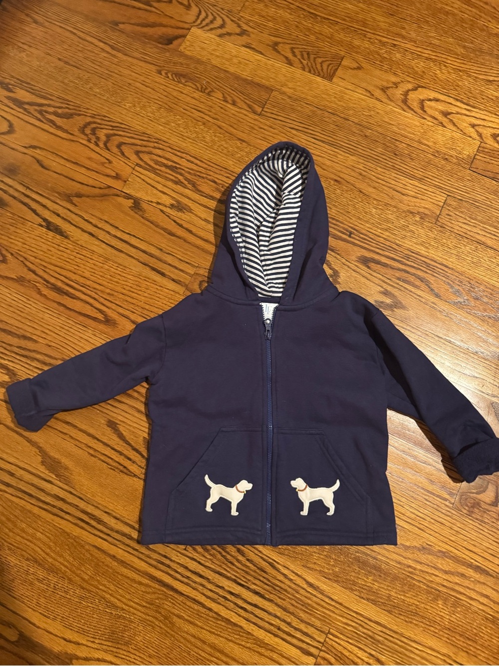Little English Navy Hooded Zip Jacket with Striped Lining & Dog Appliqués